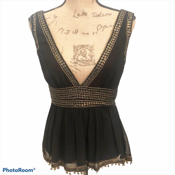 Night Way Black Beaded V Neck w Medallion Accents - Picture 1 of 15